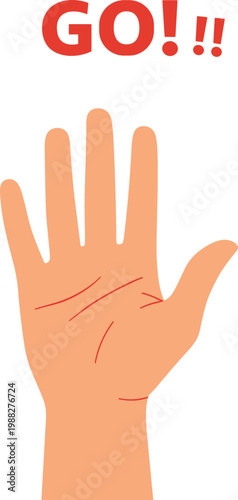 Vector illustration of cartoon hand with palm forward and bold red GO text symbolizing encouragement and motivation