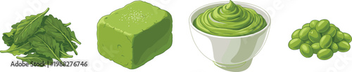 Vector illustration of assorted green foods including leafy greens, tofu cube, creamy paste bowl, and beans
