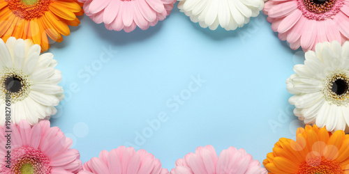 Floral Embrace: A vibrant wreath of colorful gerbera daisies delicately frames a serene blue expanse, a picturesque display of nature's beauty and elegance.