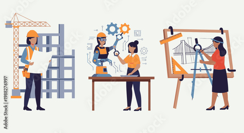 Engineers design and construct a building with various tools and equipment