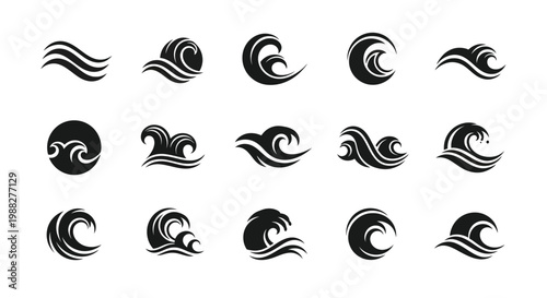 Dynamic black wave symbols in a variety of fluid designs isolated shapes for modern graphic design branding and minimalist art smooth curves and bold lines