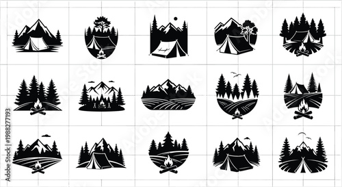 Black and white camping symbols with tents mountains trees and nature scenes arranged in a grid layout