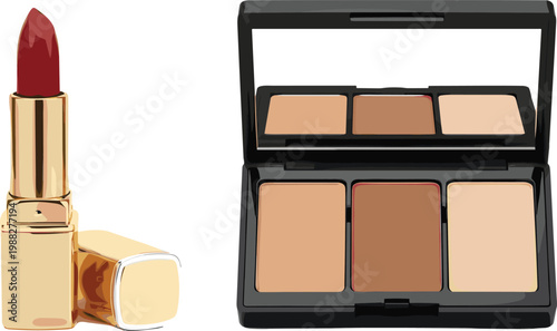 Vector illustration of gold lipstick tube with dark red shade and black makeup palette with mirror and powders