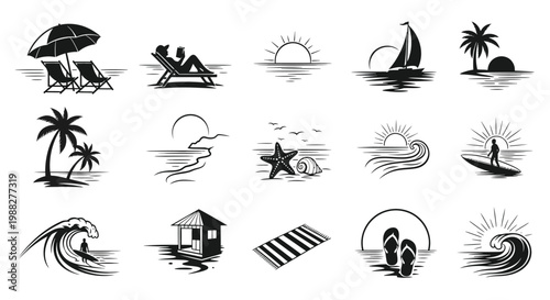 Black and white vector icons depicting beach and summer activities including sunbathing sailing waves palm trees and surfing with minimalist designs