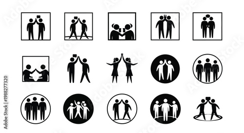 Minimalist black and white icon collection featuring diverse human figures in various group poses and interactions showcasing unity teamwork and social connections in a clean