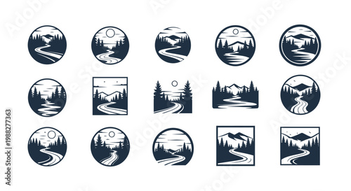 Collection of rustic circular and square badges featuring serene natural landscapes with mountains rivers and forests in a minimalistic style
