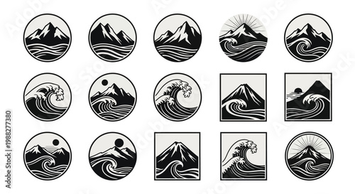 Minimalist black and white illustrations of waves and mountains in circular and square frames showcasing nature's raw power and tranquility with bold lines and artistic symmetry