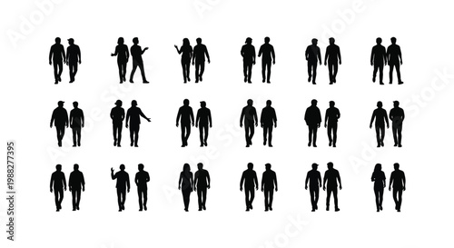 Silhouettes of diverse groups of people standing walking and interacting in a minimalist black and white design perfect for modern illustrations