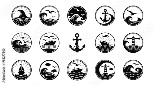 Nautical themed circular icons featuring waves anchors lighthouses and sailing ships in black and white vintage style