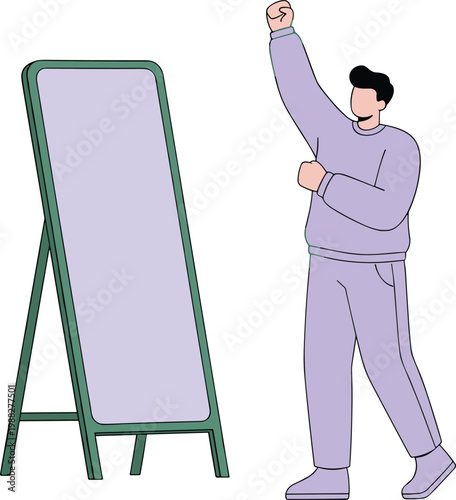 Vector illustration of person in front of mirror raising fist symbolizing confidence, self‑reflection, and empowerment