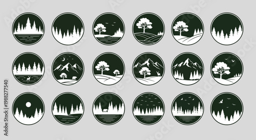 Minimalist nature icons featuring trees mountains and outdoor scenes in circular green and white frames for environmentally themed design