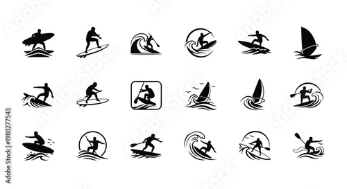 Silhouettes of surfers kitesurfers and sailors performing dynamic water sports actions in minimalist black and white icons