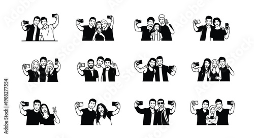 Group of people taking selfies with smartphones in various playful poses illustrated in monochromatic black and white vector style