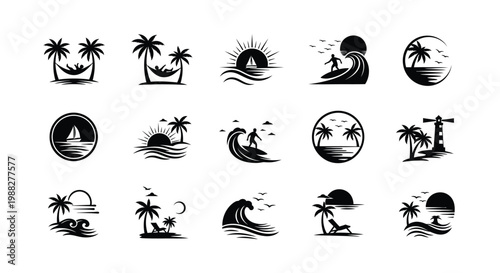 Black and white tropical beach icons featuring palm trees sunsets waves and sailboats in minimalist style