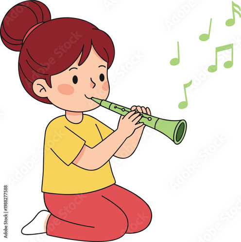 Vector illustration of person kneeling and playing green flute with musical notes symbolizing creativity and artistic expression