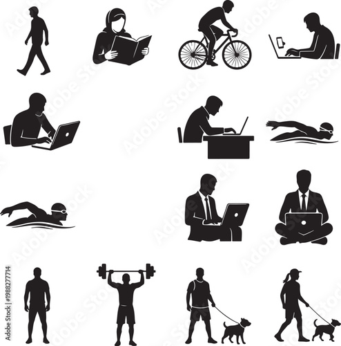 People silhouette icons set, black human figures performing daily activities, lifestyle and business character vector collection for infographics