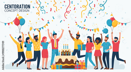 A diverse group of happy people celebrating a birthday or party with cake, gifts, balloons, and falling confetti.