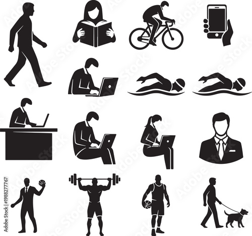 Minimalist lifestyle icons set, black silhouette people vector collection, diverse human activities and daily routine symbols for infographic design