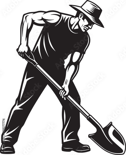 Vintage woodcut farmer digging with shovel vector, muscular laborer working with spade, retro black and white manual worker illustration