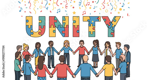 Diverse group of people holding hands in a circle under a colorful 'UNITY' puzzle word with confetti falling.