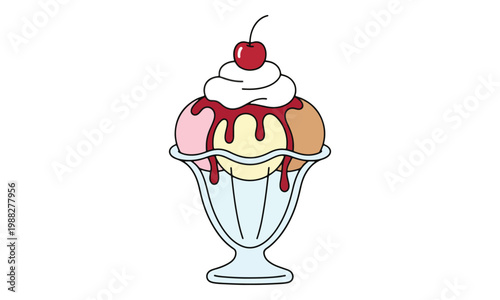 Ice cream sundae illustration with cherry and whipped cream topper