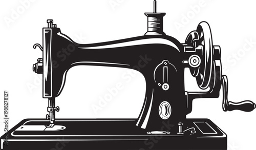 Vintage sewing machine vector illustration, antique manual tailor equipment, classic black metal dressmaker tool for fashion design and craft