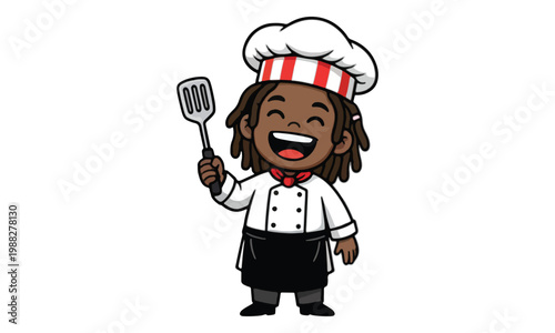 African American Chef Cartoon Character Holding Spatula