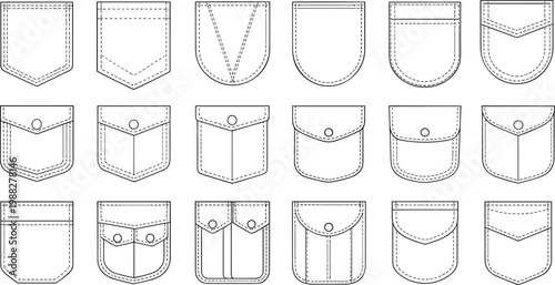 Vector illustration of sixteen different pocket designs with stitching details showing fashion variations for jeans, shirts, and jackets