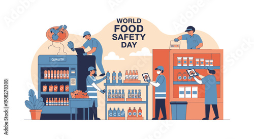 Workers ensure food safety in a supermarket on World Food Safety Day with shelves stocked with various products and people checking food items.