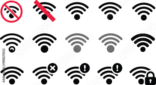 Vector illustration of sixteen Wi‑Fi signal icons showing connection strength, errors, security, and prohibition variations in grid