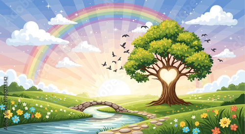 A vibrant, idyllic landscape featuring a majestic tree with a heart-shaped opening, a gentle stream, a stone bridge, and a radiant rainbow under a sunlit sky.