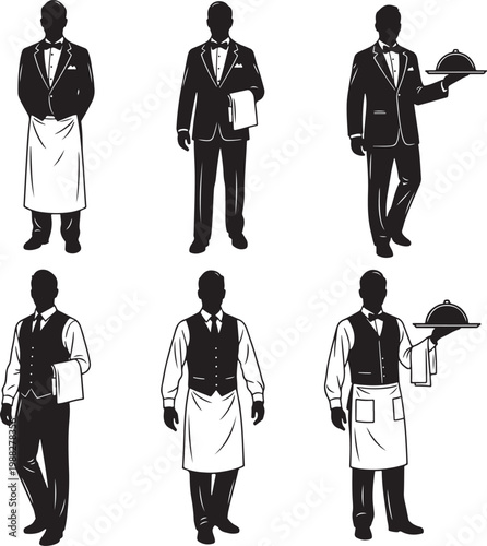Professional waiter silhouettes set, restaurant server icons in formal uniform, 6 male catering staff vectors with cloche and napkin