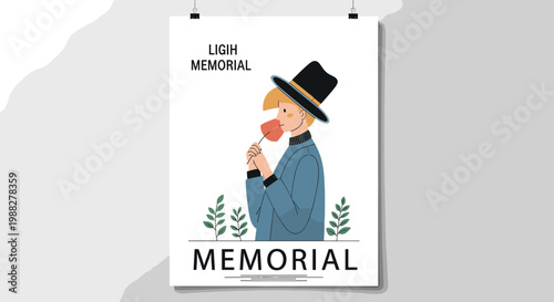 A solemn memorial poster featuring a person in a hat holding a flower, with text indicating a remembrance event.