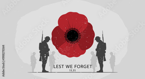 A solemn remembrance of fallen soldiers with a large red poppy and silhouettes of soldiers bowing their heads.
