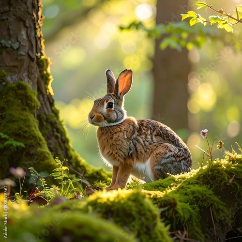 Rabbit in sunlit forest
