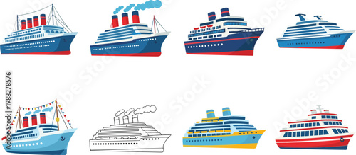 Cruise Ship Collection with Passenger Ocean Liners, Ferry Boats, and Luxury Travel Vessels for Marine Transport Design