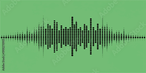 Abstract green background with a digital music equalizer featuring blue waveform pulses and electronic sound lines in a high-tech vector illustration design