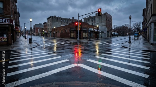 Empty Urban Intersection at Dusk with Reflections on Wet Pavement