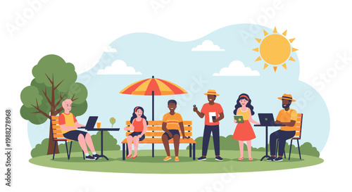 People are working and socializing outside on a sunny day in the park.