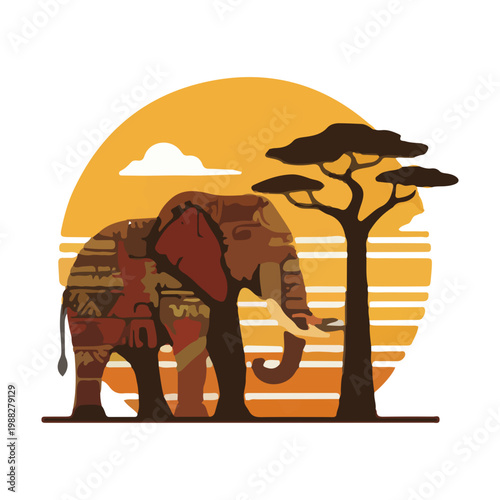 African Elephant and Acacia Tree Illustration with Sunset