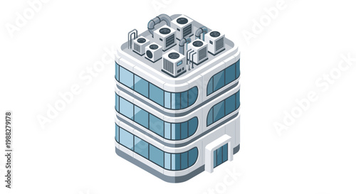A sleek white commercial building with rounded corners and blue glass windows is topped with a complex array of industrial air conditioning cooling units.