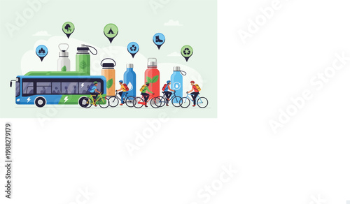 Eco-Friendly City Transport: A vibrant illustration showcasing sustainable city transportation with bicycles and a eco-bus, promoting an environmentally conscious lifestyle.