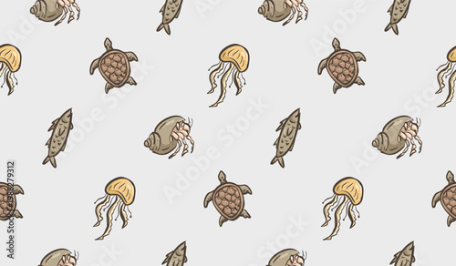 Ocean animals doodle background. Sea life pattern background. Marine creatures seamless pattern. Underwater animals hand drawn wallpaper containing turtle, jellyfish, fish, snail