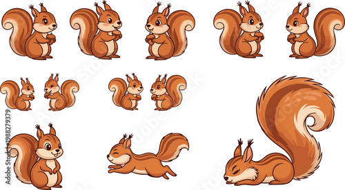 Cute Squirrel Cartoon Collection with Different Poses and Bushy Tail Characters for Wildlife, Forest, Kids, and Animal Design