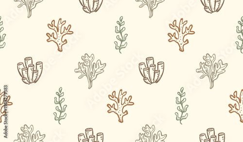 Ocean plants doodle background. Aquarium seaweed pattern background. Undersea plants seamless pattern. Sea life hand drawn wallpaper containing algae, kelp, seaweed, eelgrass, and coral.