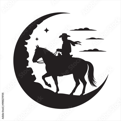 A black vector illustration of a cowboy riding a stallion silhouette against a white background featuring an equine animal in a gallop for equestrian sport and farm nature