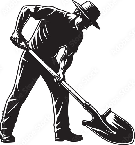 Vintage farmer digging with shovel vector illustration. Retro gardener silhouette working in field. Manual laborer woodcut style graphic for farming logo.