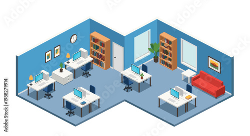 Vibrant isometric office interior showcases several computer workstations and tall bookshelves against blue walls with a bright red sofa in the corner.