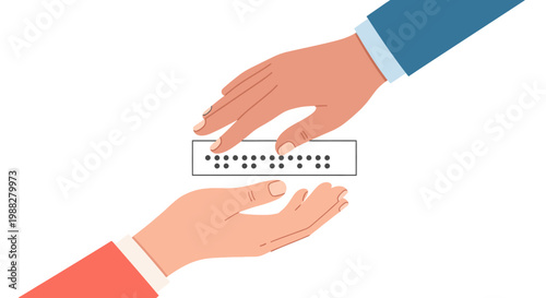 Two hands exchanging a Braille card in a helping gesture indoors.