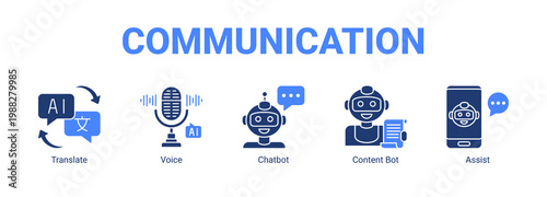  Communication web banner icon concept, with Translate , Voice , Chatbot, Content Bot.